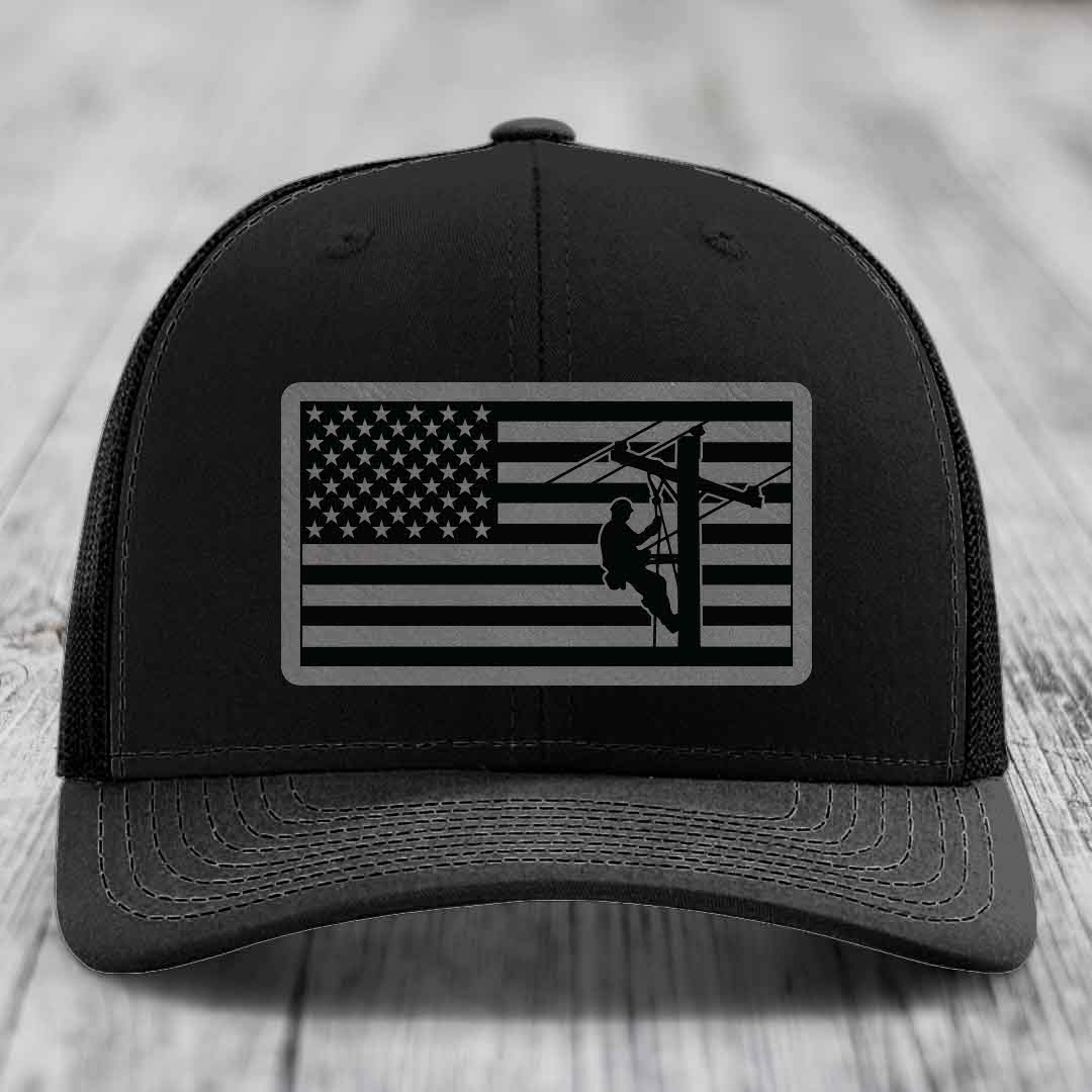 American Flag Lineman - Leather Patch Hat - Grey to Black Patch - Richardson 112 Snapback Trucker Hat