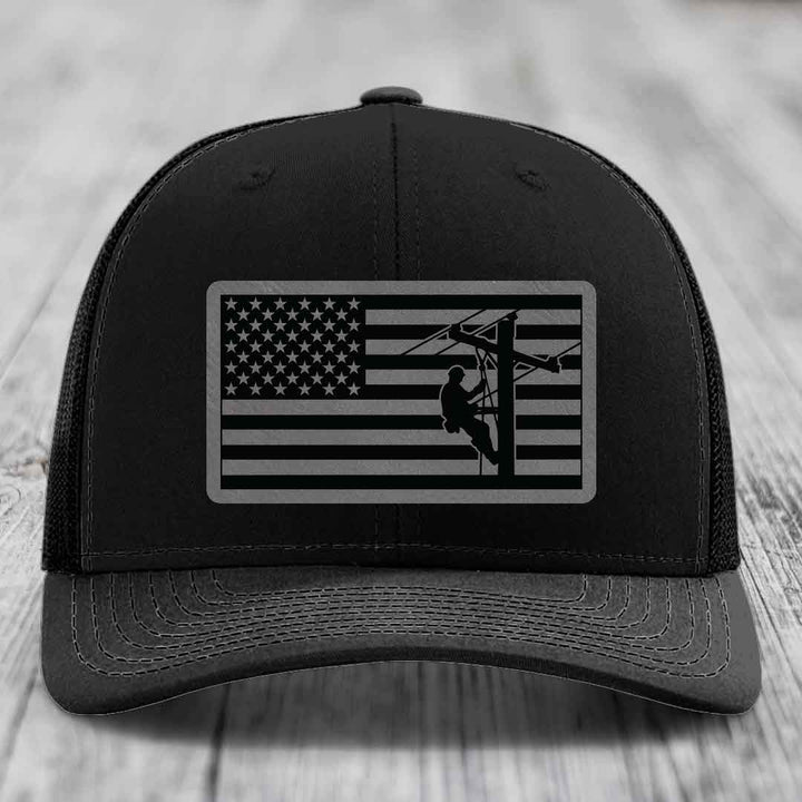 American Flag Lineman - Leather Patch Hat - Grey to Black Patch - Richardson 112 Snapback Trucker Hat