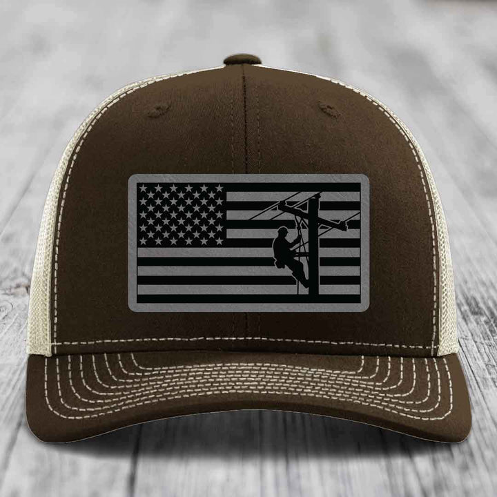 American Flag Lineman - Leather Patch Hat - Grey to Black Patch - Richardson 112 Snapback Trucker Hat