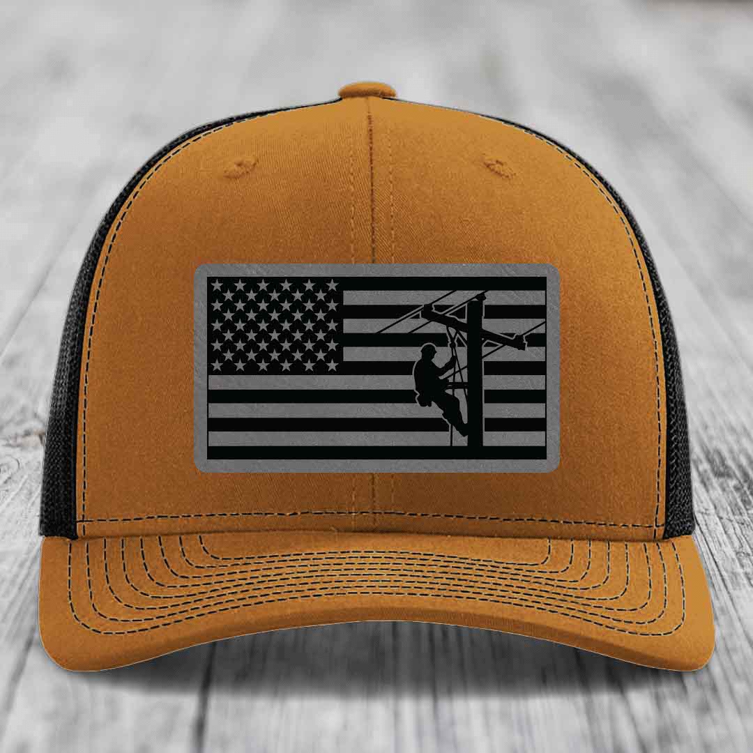 American Flag Lineman - Leather Patch Hat - Grey to Black Patch - Richardson 112 Snapback Trucker Hat