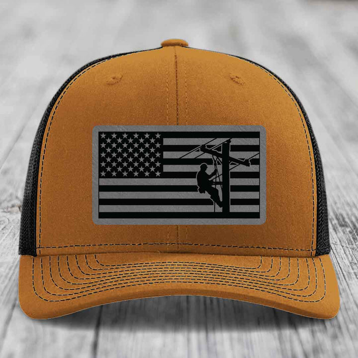 American Flag Lineman - Leather Patch Hat - Grey to Black Patch - Richardson 112 Snapback Trucker Hat