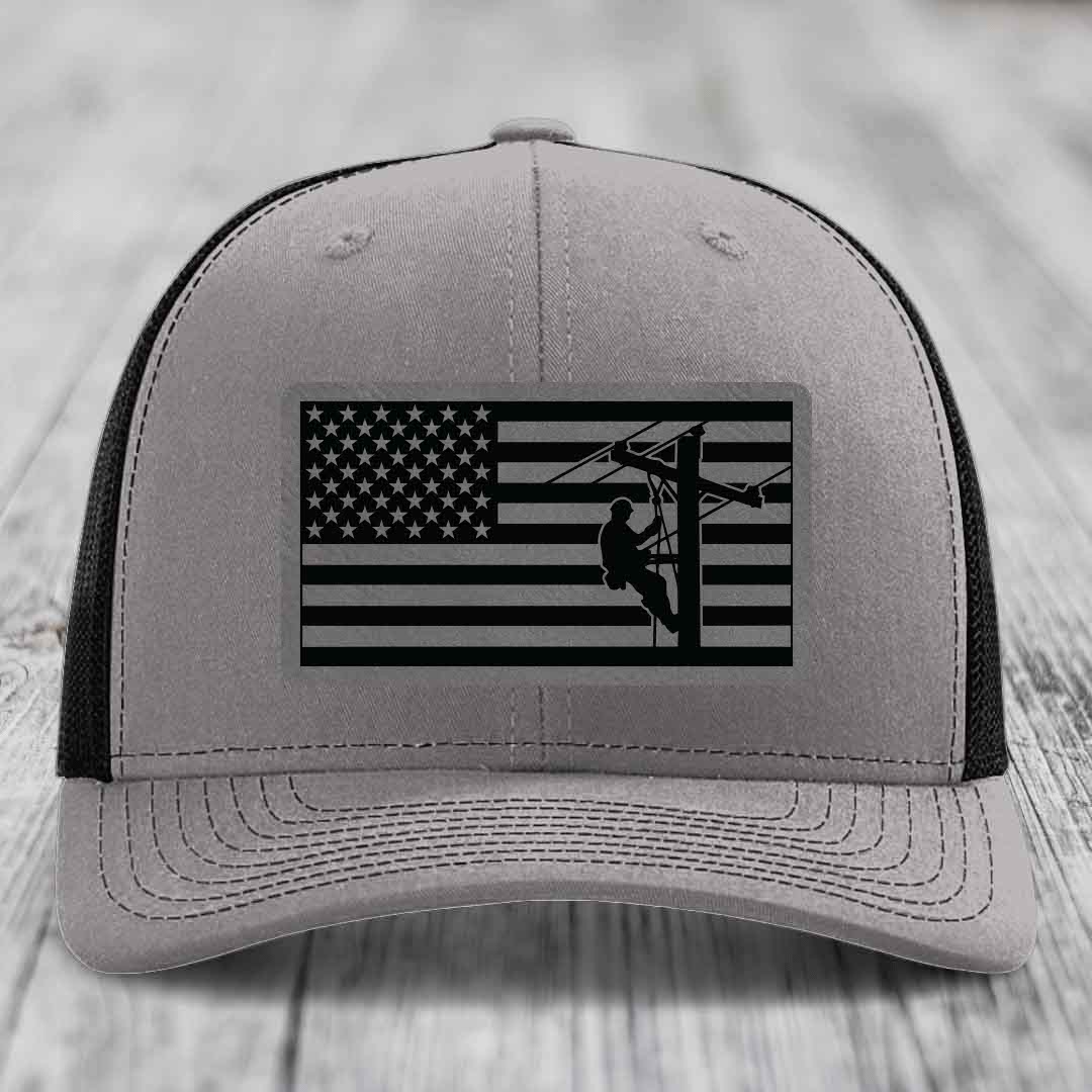American Flag Lineman - Leather Patch Hat - Grey to Black Patch - Richardson 112 Snapback Trucker Hat