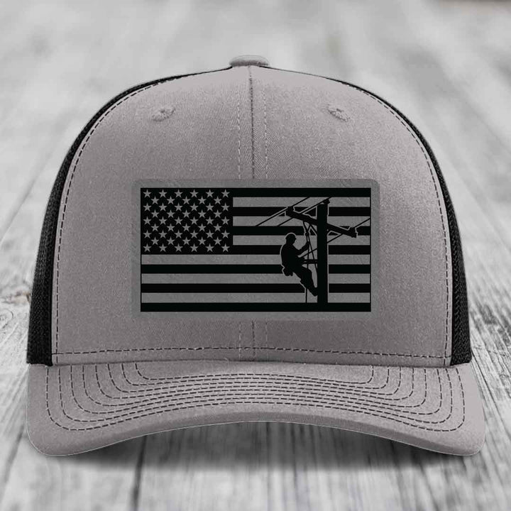 American Flag Lineman - Leather Patch Hat - Grey to Black Patch - Richardson 112 Snapback Trucker Hat