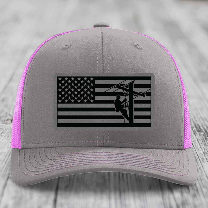 American Flag Lineman - Leather Patch Hat - Grey to Black Patch - Richardson 112 Snapback Trucker Hat