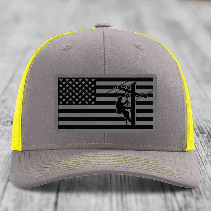 American Flag Lineman - Leather Patch Hat - Grey to Black Patch - Richardson 112 Snapback Trucker Hat