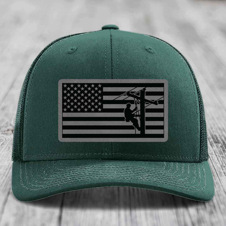 American Flag Lineman - Leather Patch Hat - Grey to Black Patch - Richardson 112 Snapback Trucker Hat