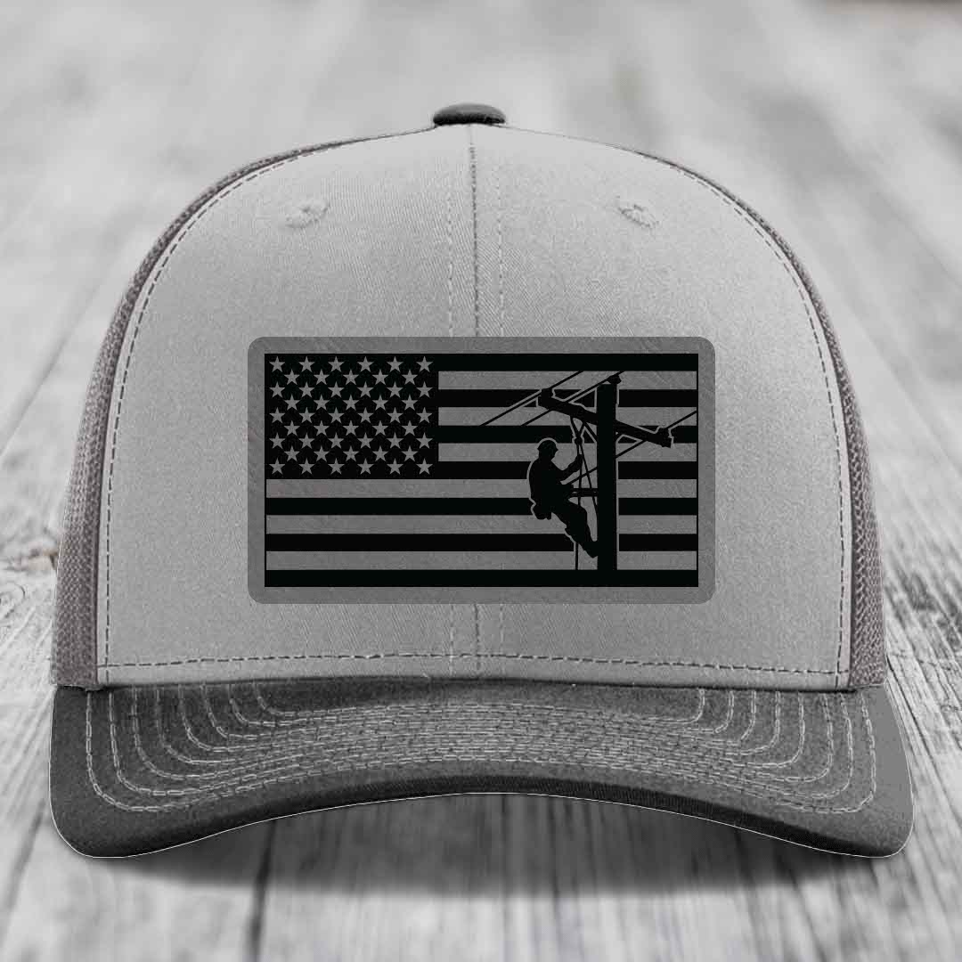 American Flag Lineman - Leather Patch Hat - Grey to Black Patch - Richardson 112 Snapback Trucker Hat