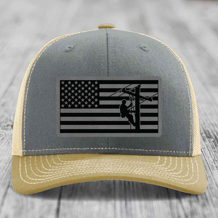American Flag Lineman - Leather Patch Hat - Grey to Black Patch - Richardson 112 Snapback Trucker Hat