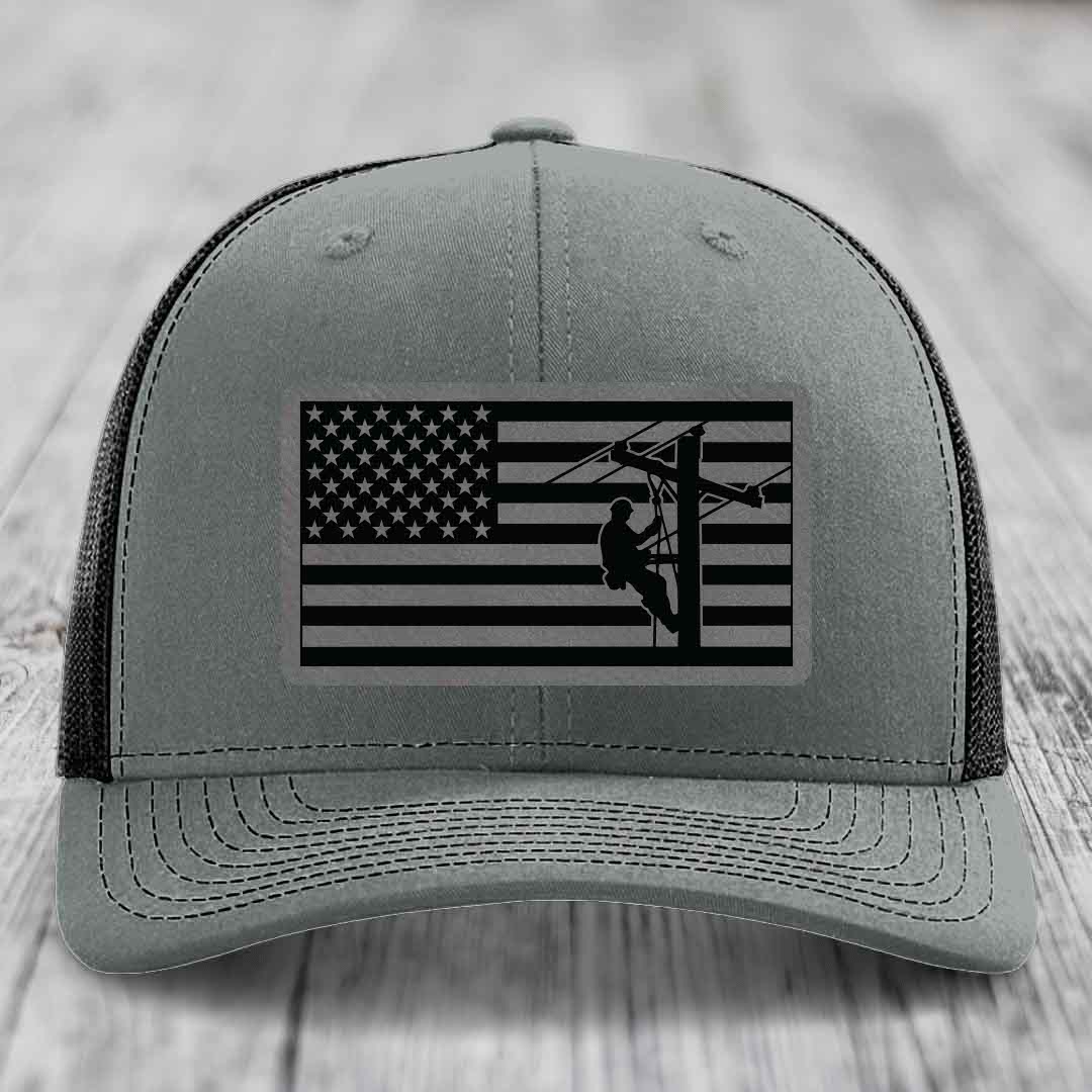 American Flag Lineman - Leather Patch Hat - Grey to Black Patch - Richardson 112 Snapback Trucker Hat