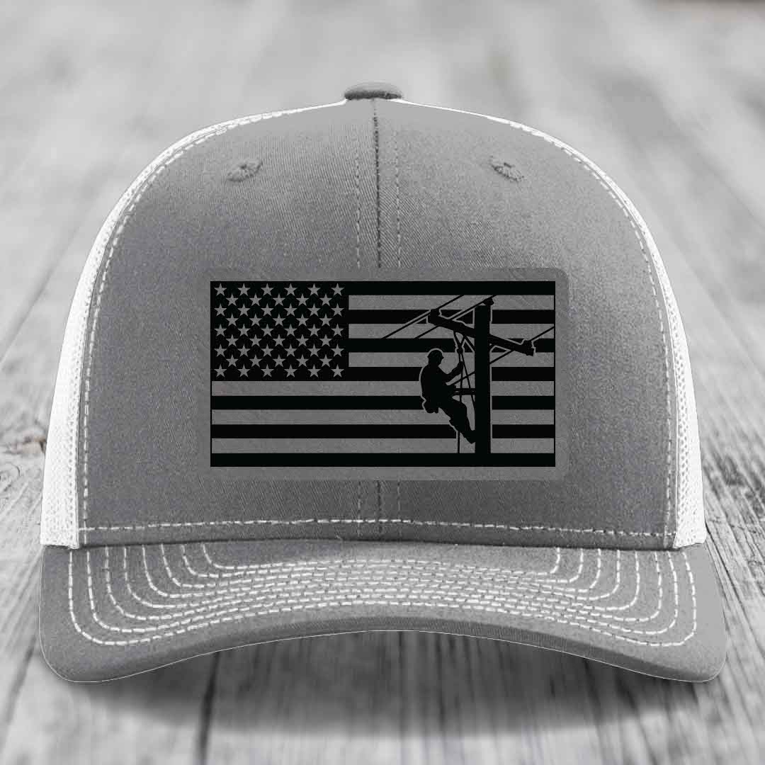 American Flag Lineman - Leather Patch Hat - Grey to Black Patch - Richardson 112 Snapback Trucker Hat