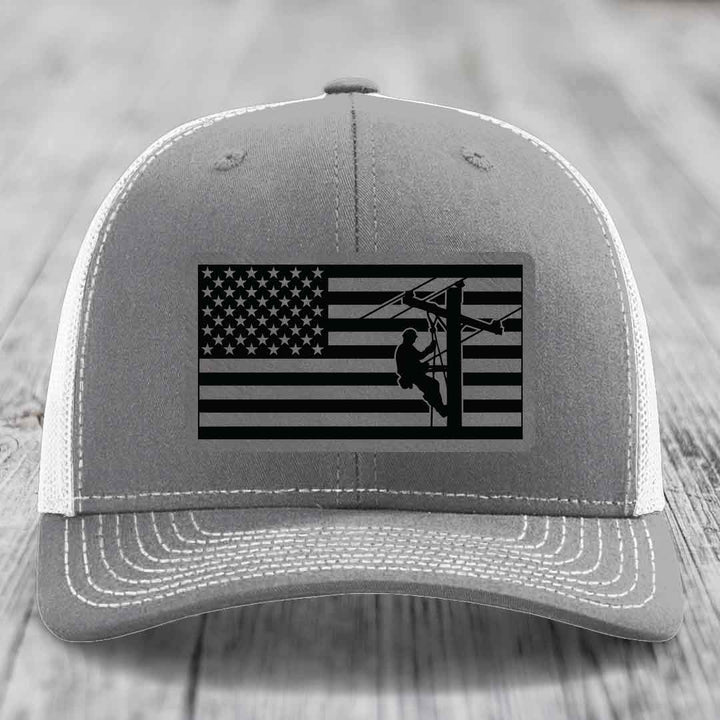 American Flag Lineman - Leather Patch Hat - Grey to Black Patch - Richardson 112 Snapback Trucker Hat