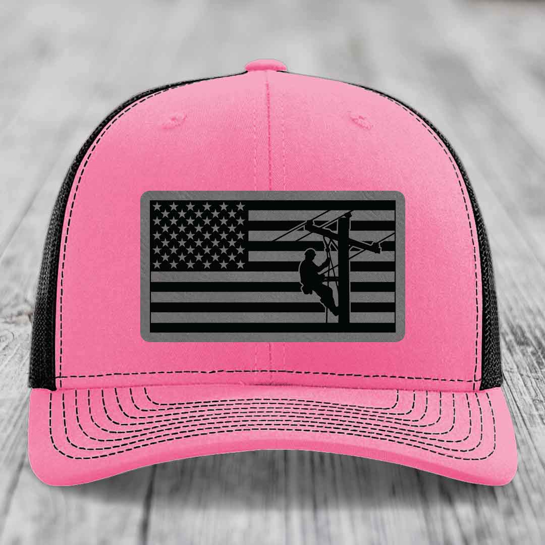 American Flag Lineman - Leather Patch Hat - Grey to Black Patch - Richardson 112 Snapback Trucker Hat