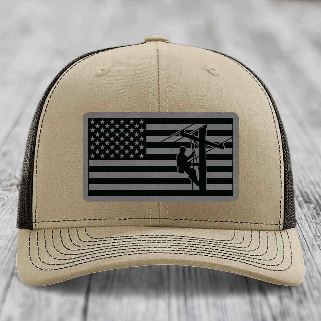 American Flag Lineman - Leather Patch Hat - Grey to Black Patch - Richardson 112 Snapback Trucker Hat