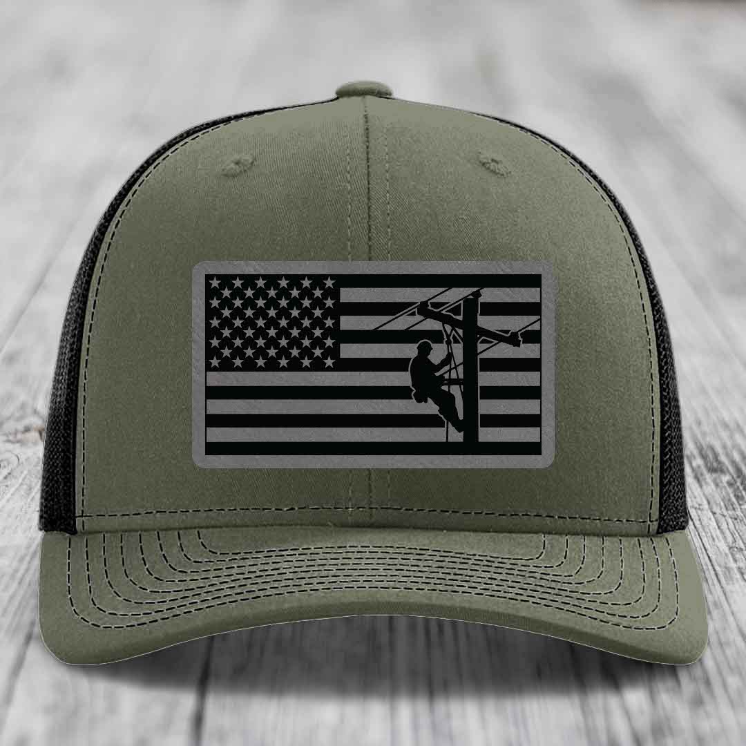 American Flag Lineman - Leather Patch Hat - Grey to Black Patch - Richardson 112 Snapback Trucker Hat