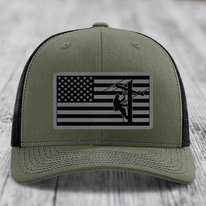 American Flag Lineman - Leather Patch Hat - Grey to Black Patch - Richardson 112 Snapback Trucker Hat