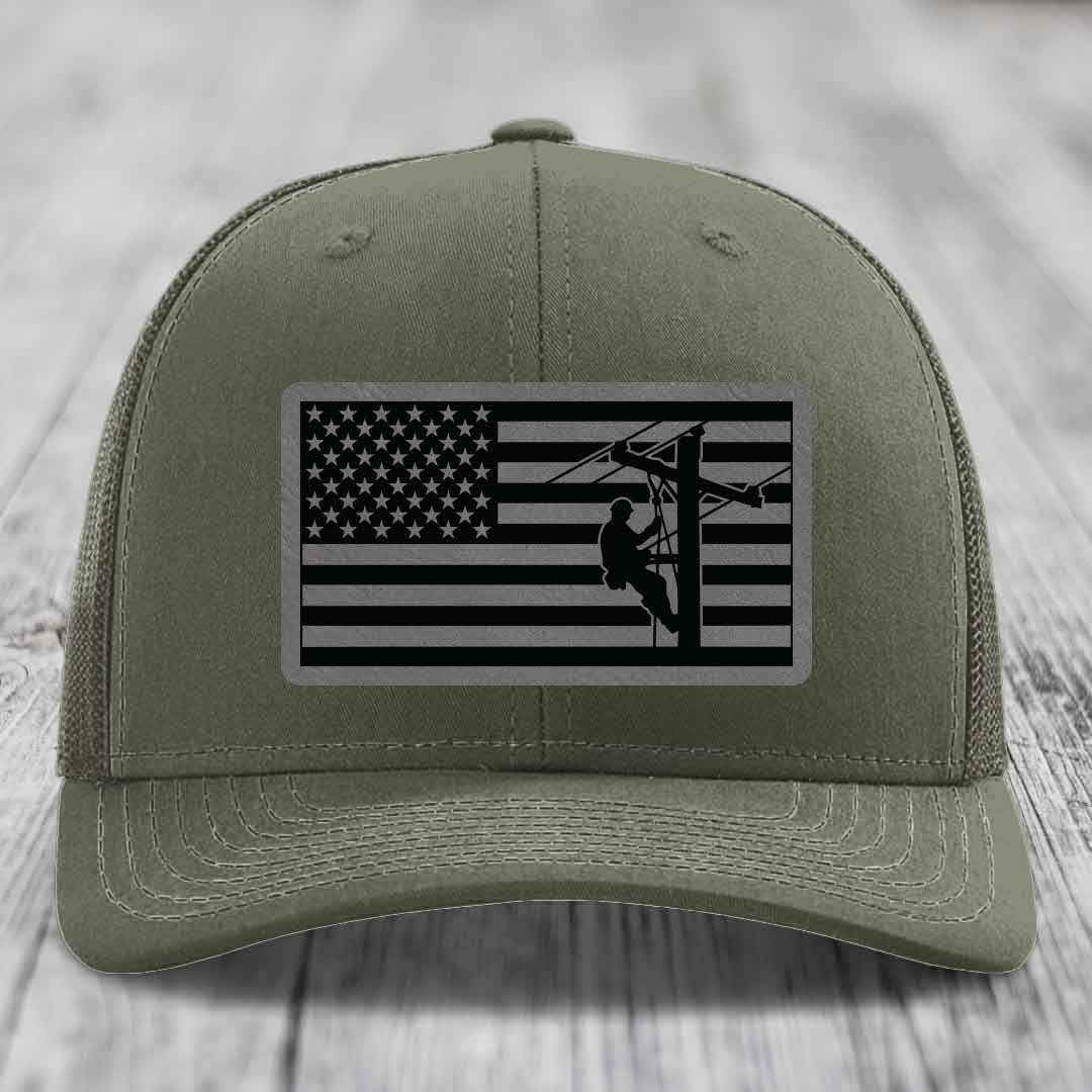 American Flag Lineman - Leather Patch Hat - Grey to Black Patch - Richardson 112 Snapback Trucker Hat