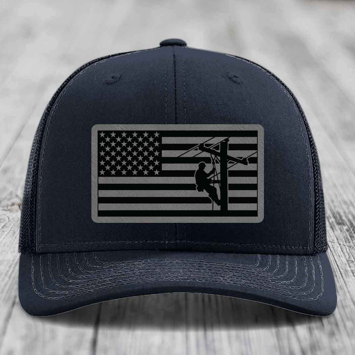 American Flag Lineman - Leather Patch Hat - Grey to Black Patch - Richardson 112 Snapback Trucker Hat
