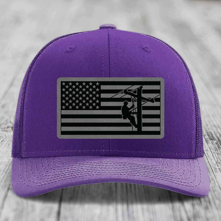 American Flag Lineman - Leather Patch Hat - Grey to Black Patch - Richardson 112 Snapback Trucker Hat