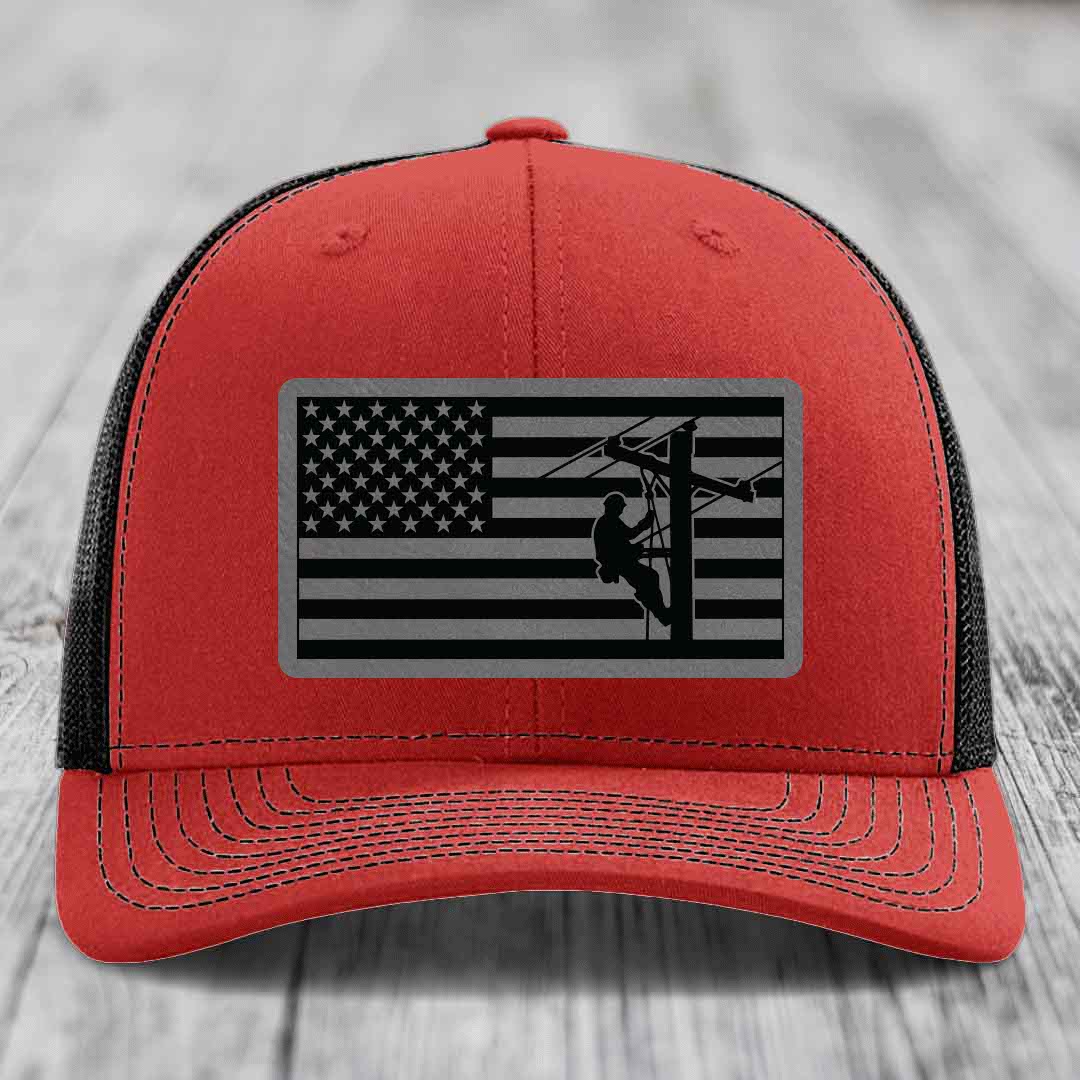 American Flag Lineman - Leather Patch Hat - Grey to Black Patch - Richardson 112 Snapback Trucker Hat