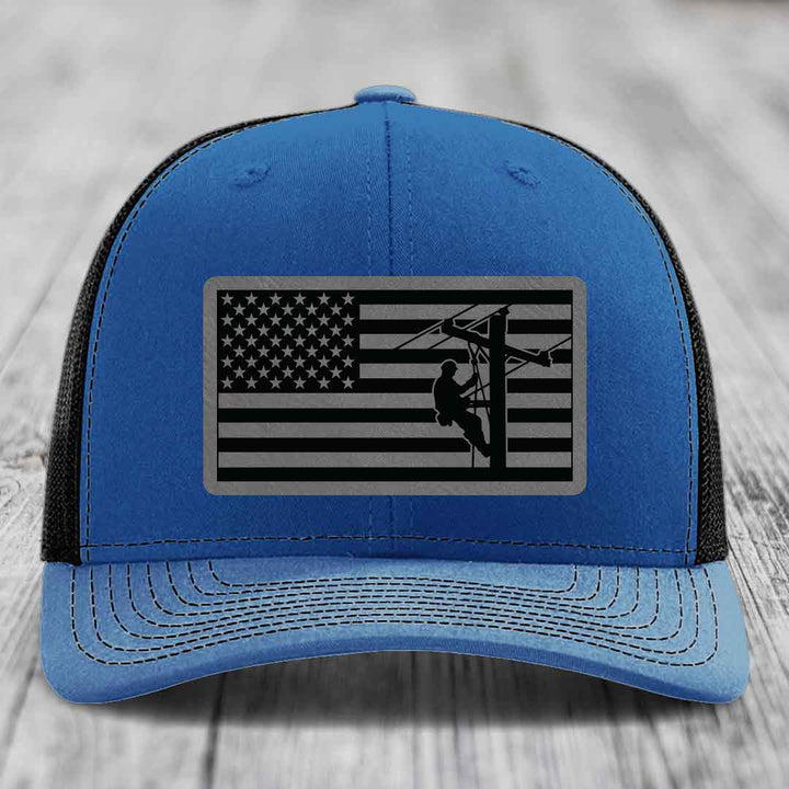 American Flag Lineman - Leather Patch Hat - Grey to Black Patch - Richardson 112 Snapback Trucker Hat