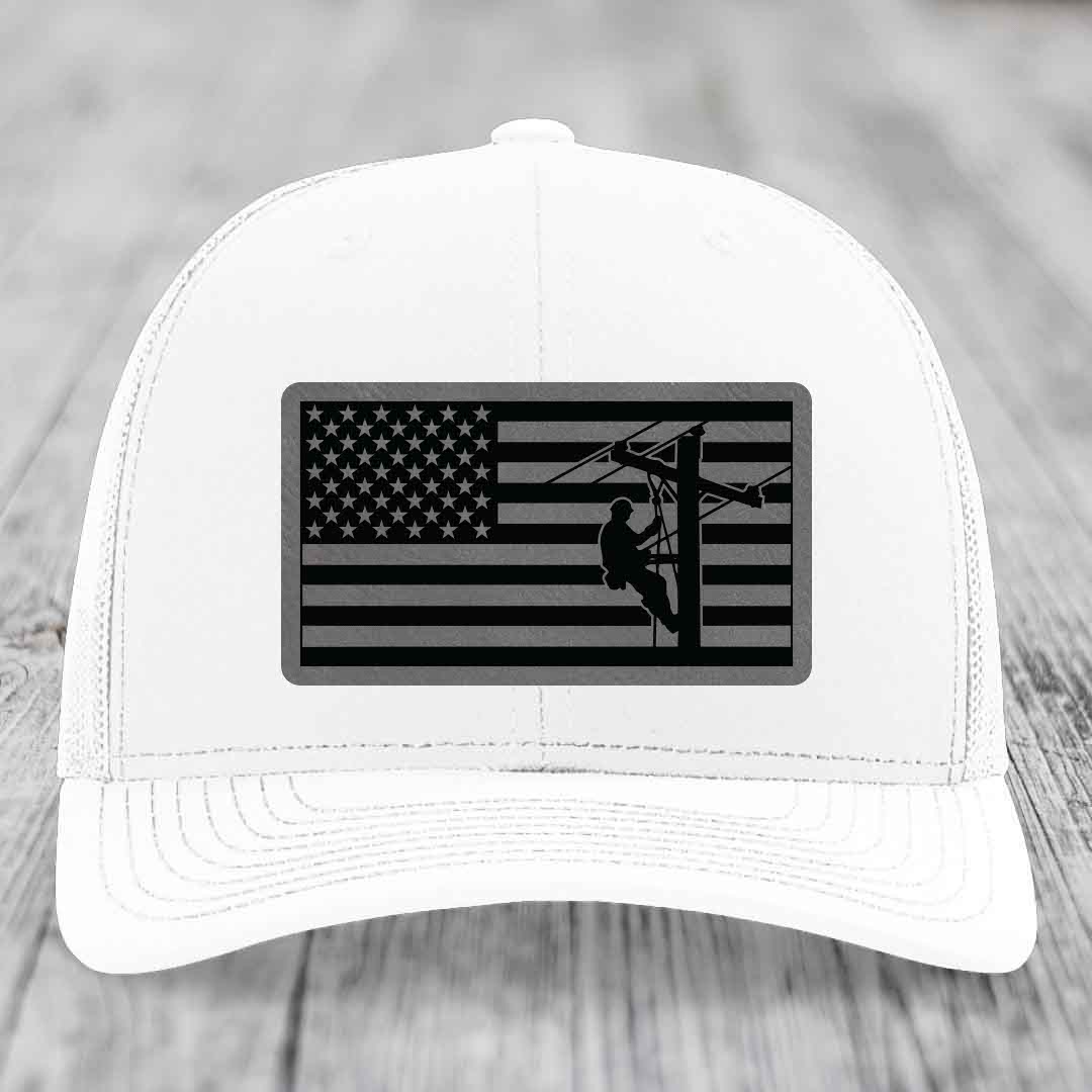 American Flag Lineman - Leather Patch Hat - Grey to Black Patch - Richardson 112 Snapback Trucker Hat