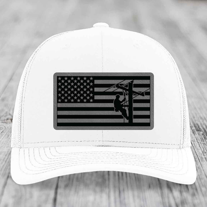 American Flag Lineman - Leather Patch Hat - Grey to Black Patch - Richardson 112 Snapback Trucker Hat