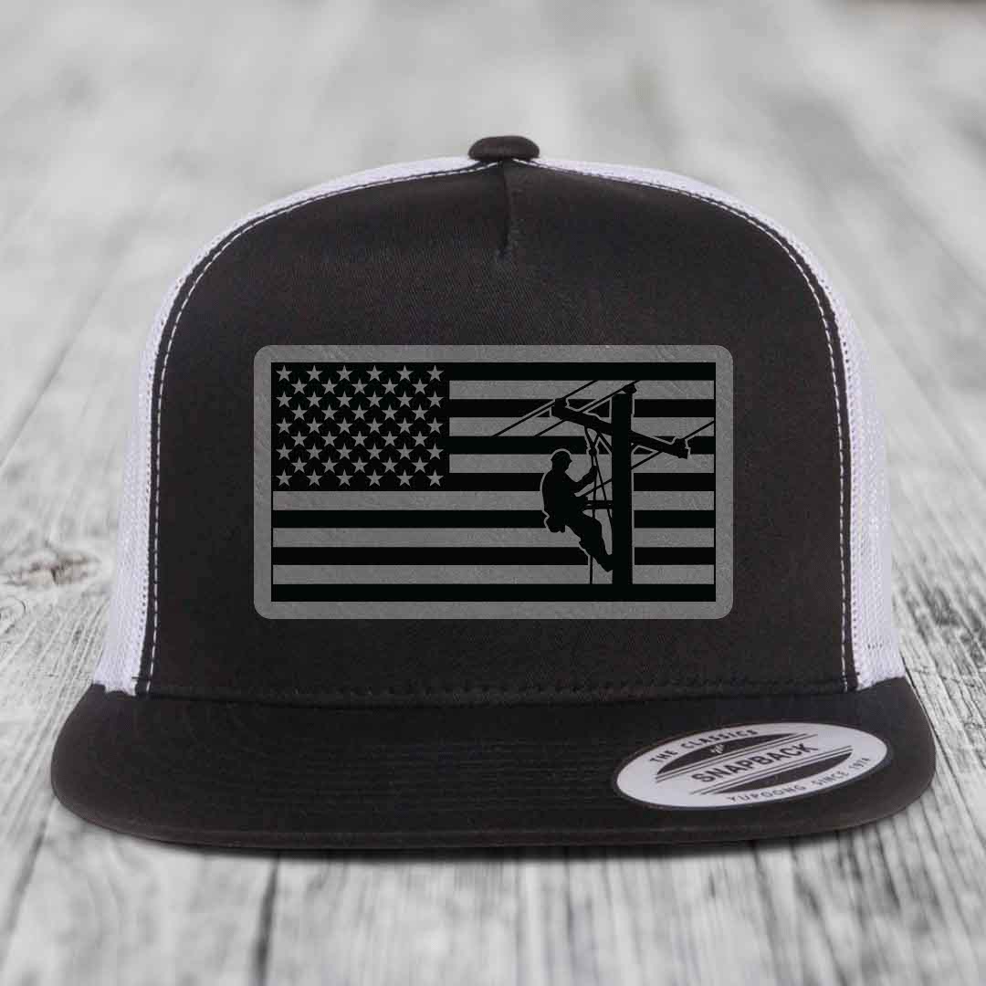 American Flag Lineman - Leather Patch Hat - Grey to Black Patch - Yupoong 6006 Snapback Flatbill Hat