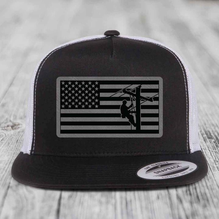 American Flag Lineman - Leather Patch Hat - Grey to Black Patch - Yupoong 6006 Snapback Flatbill Hat