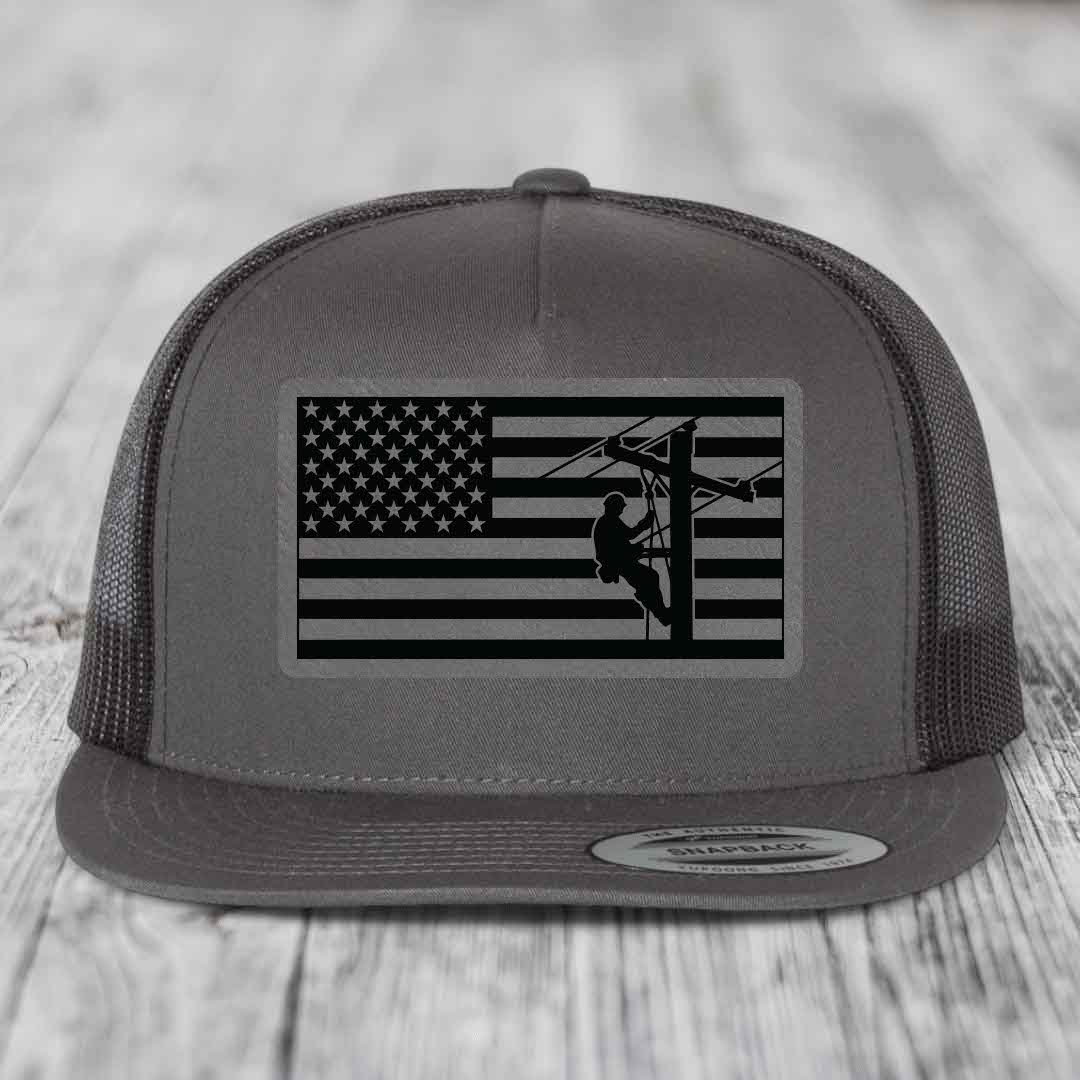 American Flag Lineman - Leather Patch Hat - Grey to Black Patch - Yupoong 6006 Snapback Flatbill Hat