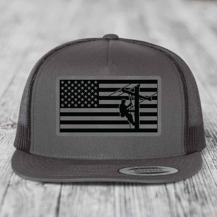 American Flag Lineman - Leather Patch Hat - Grey to Black Patch - Yupoong 6006 Snapback Flatbill Hat