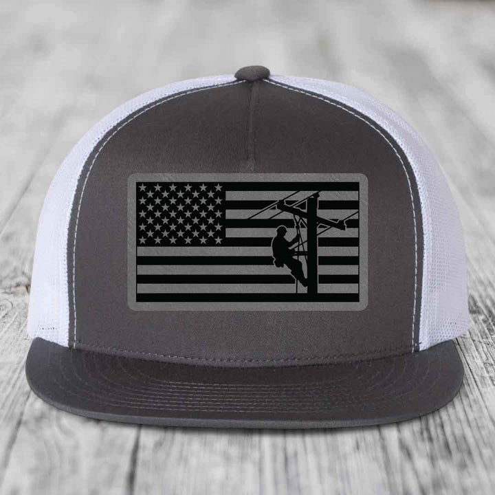 American Flag Lineman - Leather Patch Hat - Grey to Black Patch - Yupoong 6006 Snapback Flatbill Hat