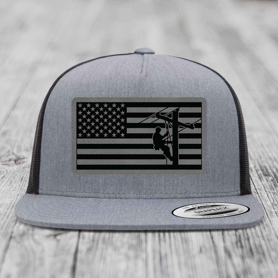 American Flag Lineman - Leather Patch Hat - Grey to Black Patch - Yupoong 6006 Snapback Flatbill Hat
