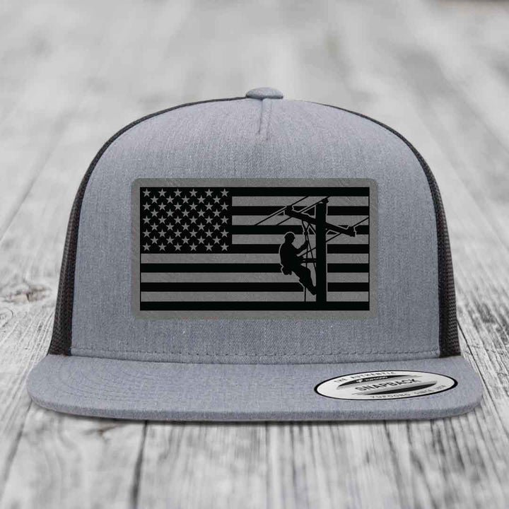 American Flag Lineman - Leather Patch Hat - Grey to Black Patch - Yupoong 6006 Snapback Flatbill Hat