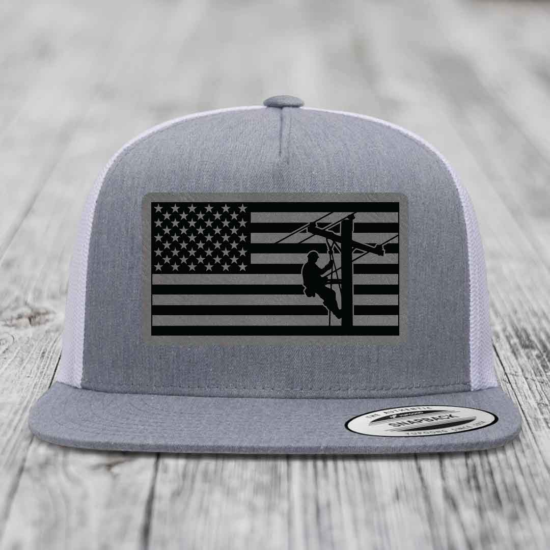 American Flag Lineman - Leather Patch Hat - Grey to Black Patch - Yupoong 6006 Snapback Flatbill Hat
