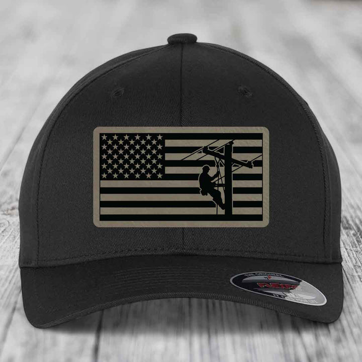 American Flag Lineman - Leather Patch Hat - Light Brown to Black Patch - Flexfit 6277 Fitted Hat