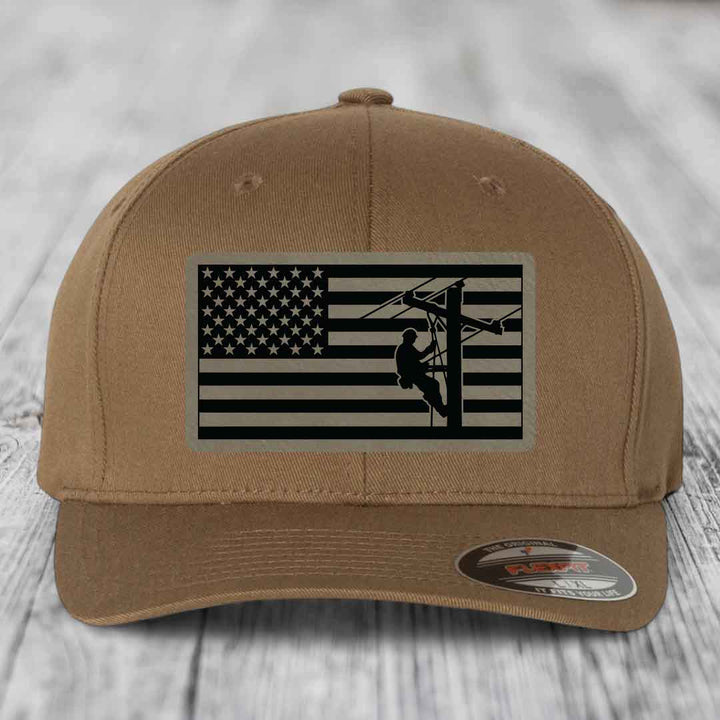 American Flag Lineman - Leather Patch Hat - Light Brown to Black Patch - Flexfit 6277 Fitted Hat