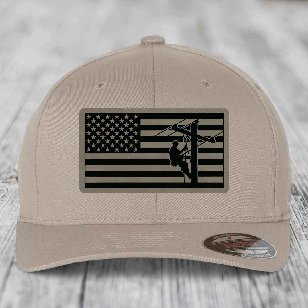 American Flag Lineman - Leather Patch Hat - Light Brown to Black Patch - Flexfit 6277 Fitted Hat
