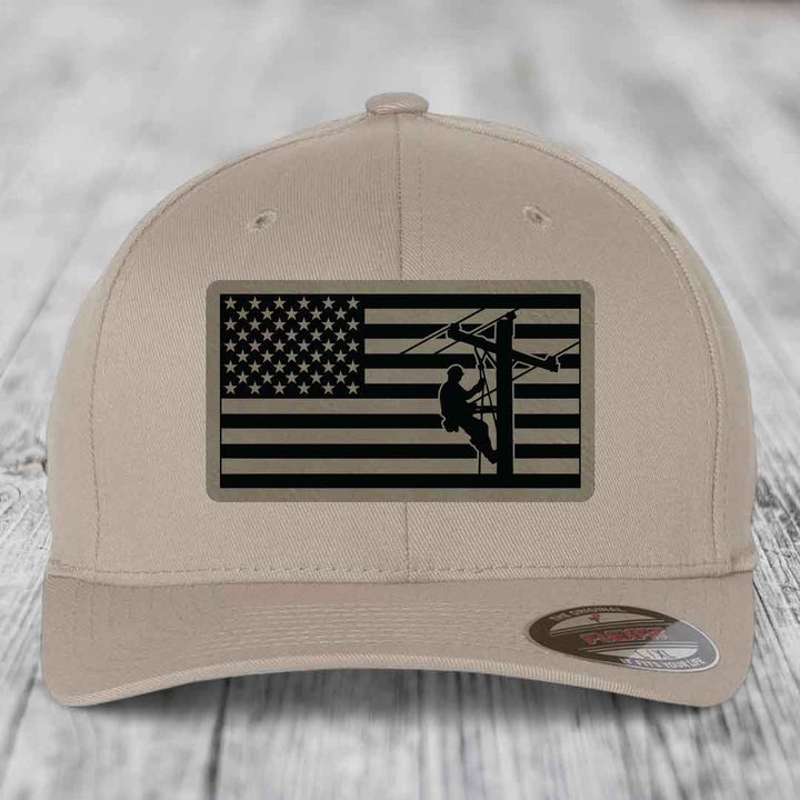American Flag Lineman - Leather Patch Hat - Light Brown to Black Patch - Flexfit 6277 Fitted Hat