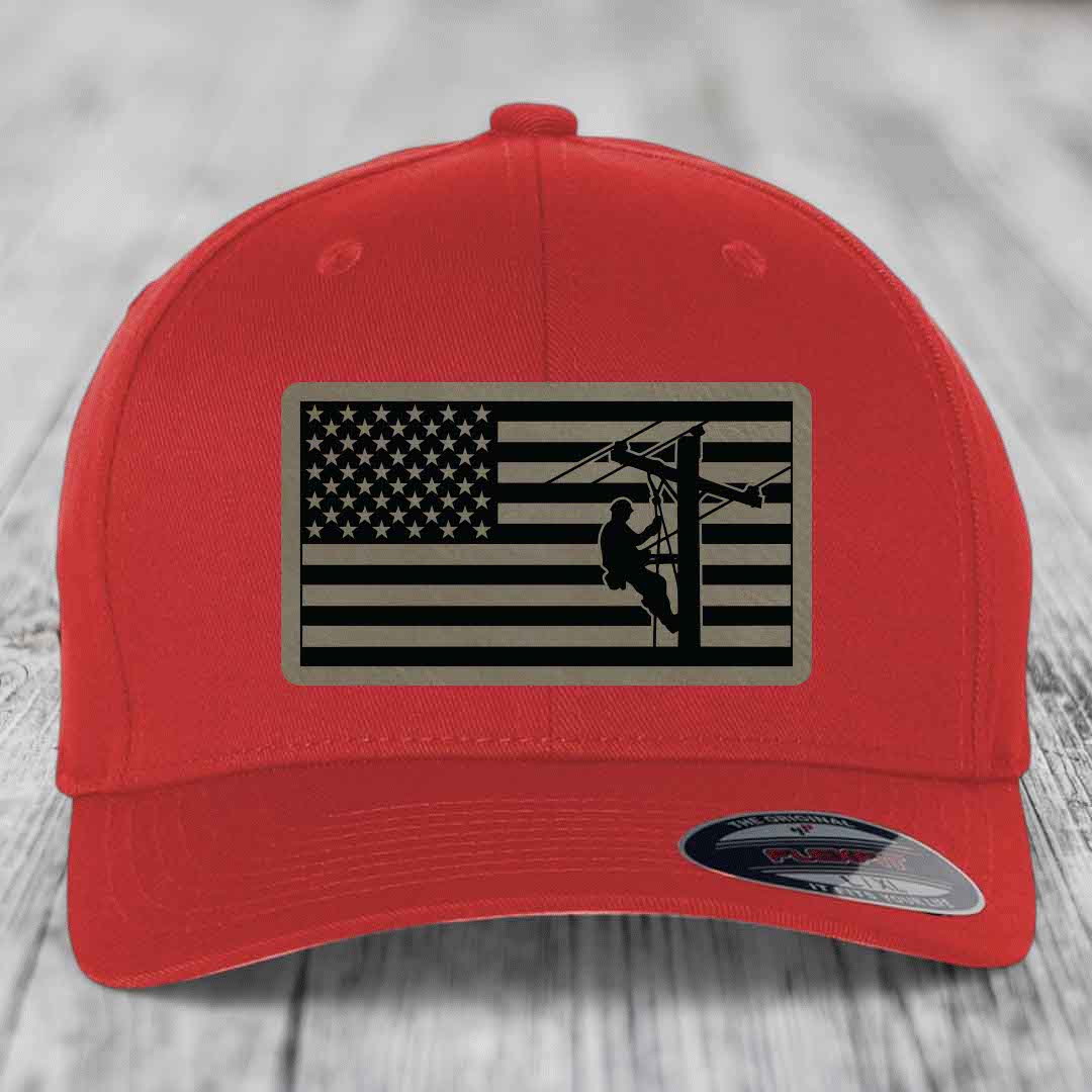 American Flag Lineman - Leather Patch Hat - Light Brown to Black Patch - Flexfit 6277 Fitted Hat