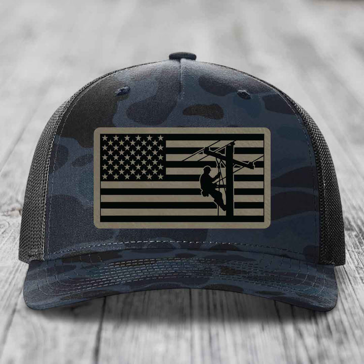 American Flag Lineman - Leather Patch Hat - Light Brown to Black Patch - Richardson 112PFP Snapback Trucker Hat