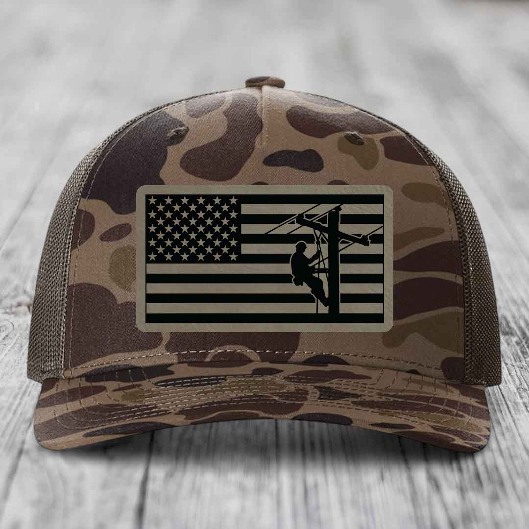 American Flag Lineman - Leather Patch Hat - Light Brown to Black Patch - Richardson 112PFP Snapback Trucker Hat