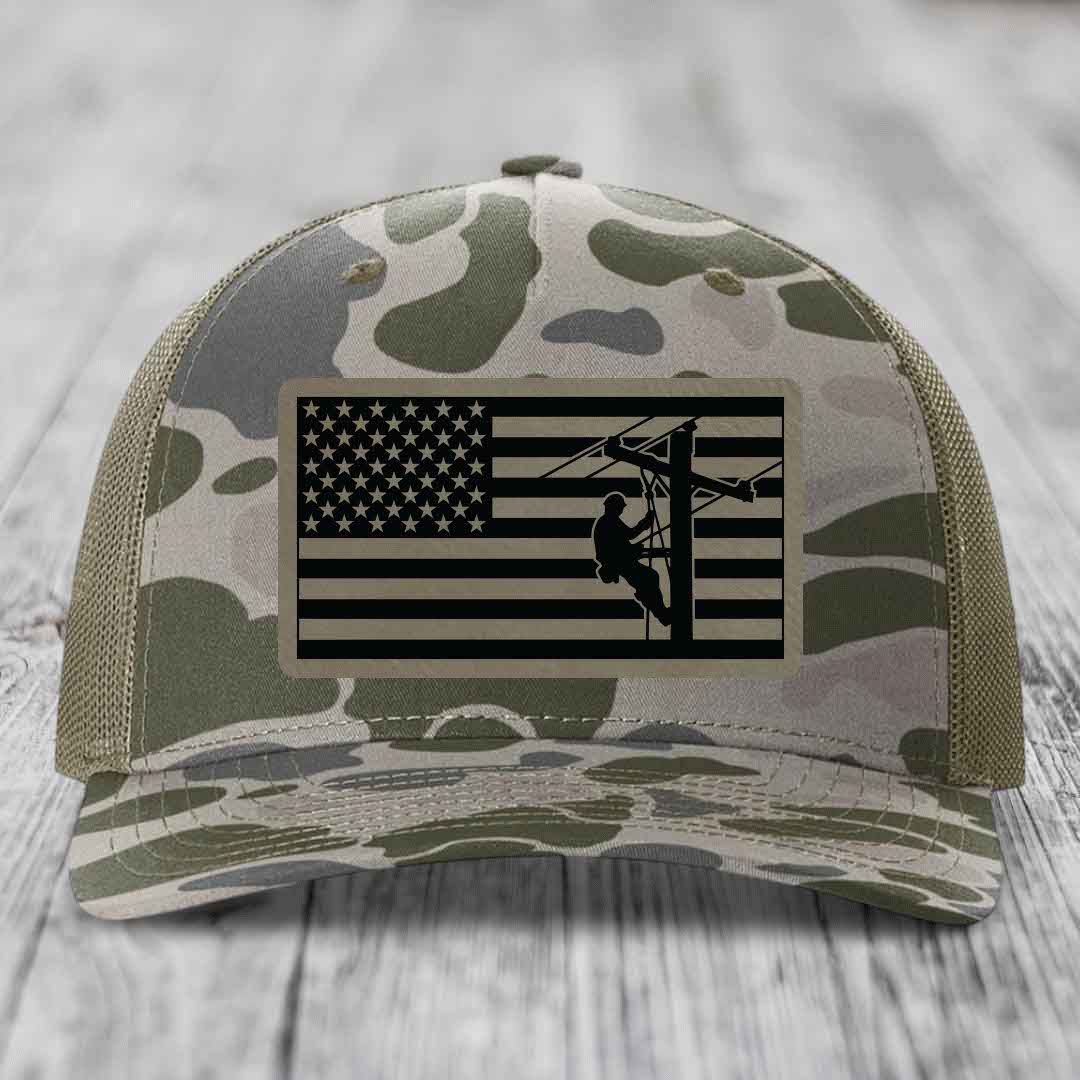American Flag Lineman - Leather Patch Hat - Light Brown to Black Patch - Richardson 112PFP Snapback Trucker Hat