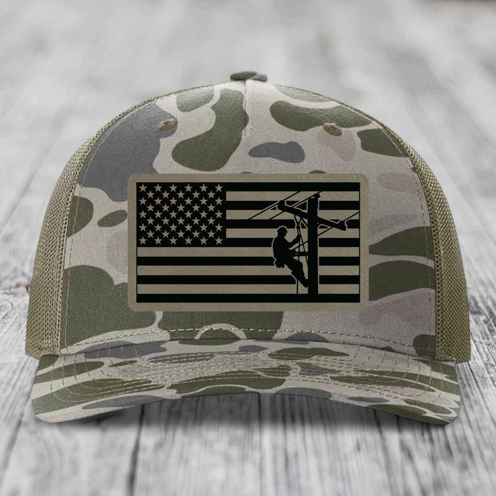 American Flag Lineman - Leather Patch Hat - Light Brown to Black Patch - Richardson 112PFP Snapback Trucker Hat