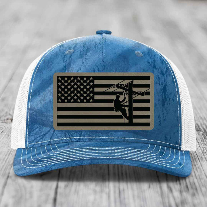 American Flag Lineman - Leather Patch Hat - Light Brown to Black Patch - Richardson 112PFP Snapback Trucker Hat