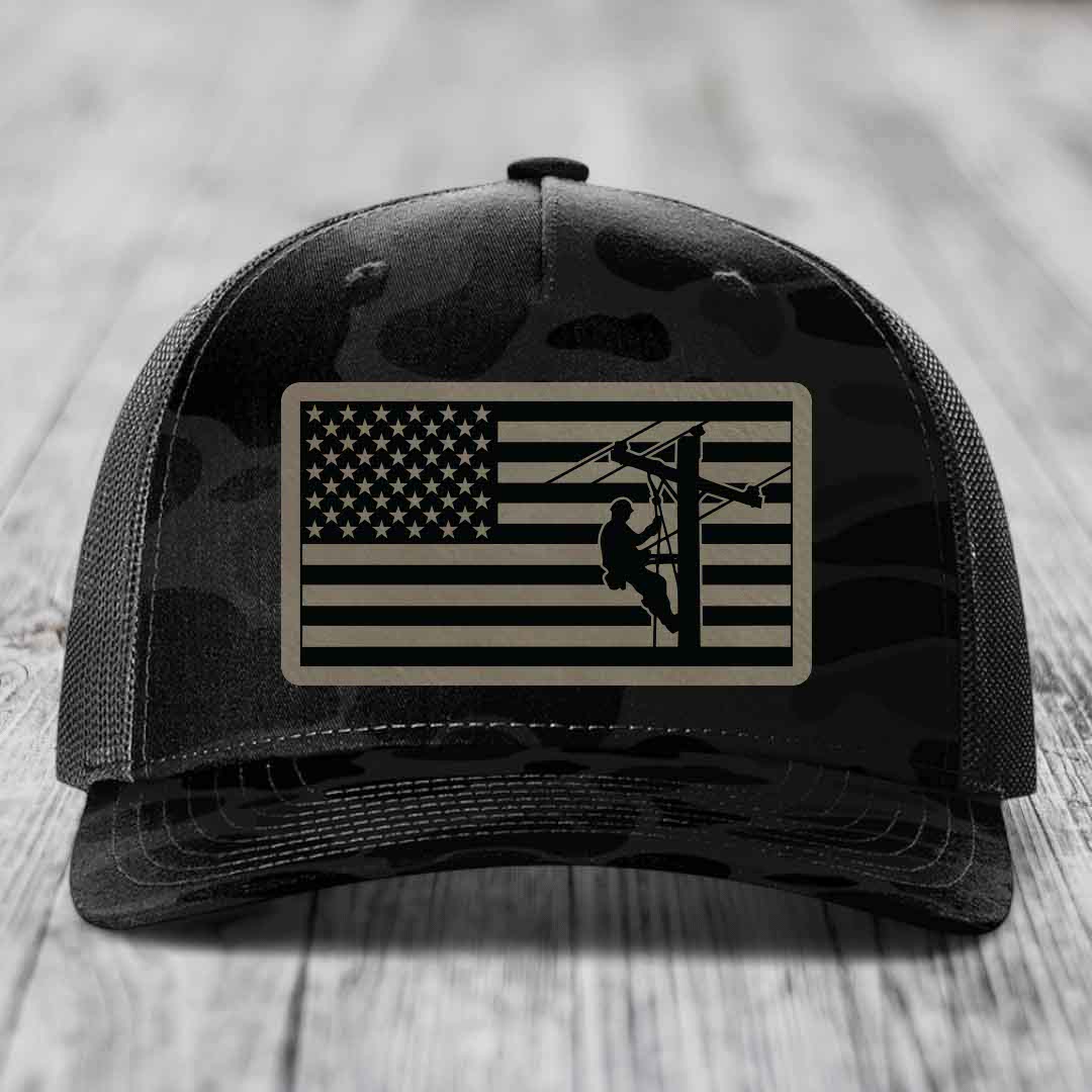 American Flag Lineman - Leather Patch Hat - Light Brown to Black Patch - Richardson 112PFP Snapback Trucker Hat
