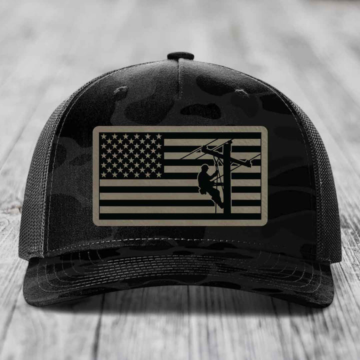 American Flag Lineman - Leather Patch Hat - Light Brown to Black Patch - Richardson 112PFP Snapback Trucker Hat
