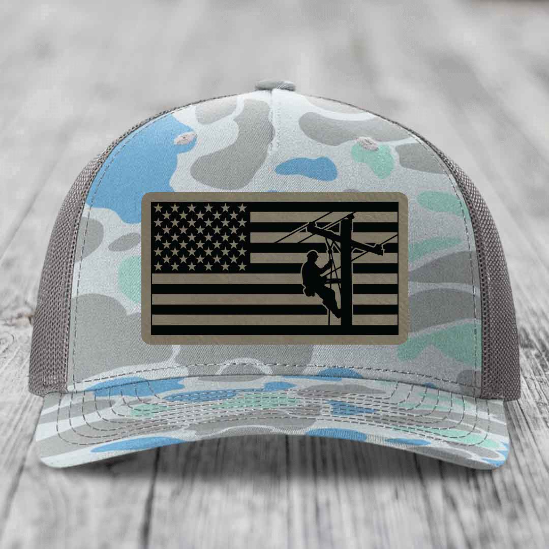 American Flag Lineman - Leather Patch Hat - Light Brown to Black Patch - Richardson 112PFP Snapback Trucker Hat
