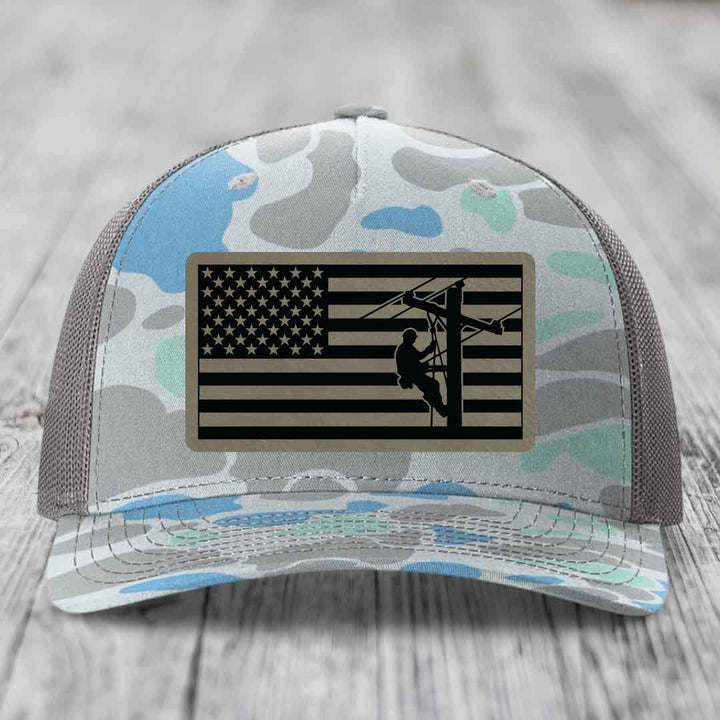 American Flag Lineman - Leather Patch Hat - Light Brown to Black Patch - Richardson 112PFP Snapback Trucker Hat