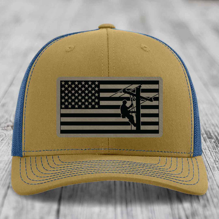 American Flag Lineman - Leather Patch Hat - Light Brown to Black Patch - Richardson 112 Snapback Trucker Hat