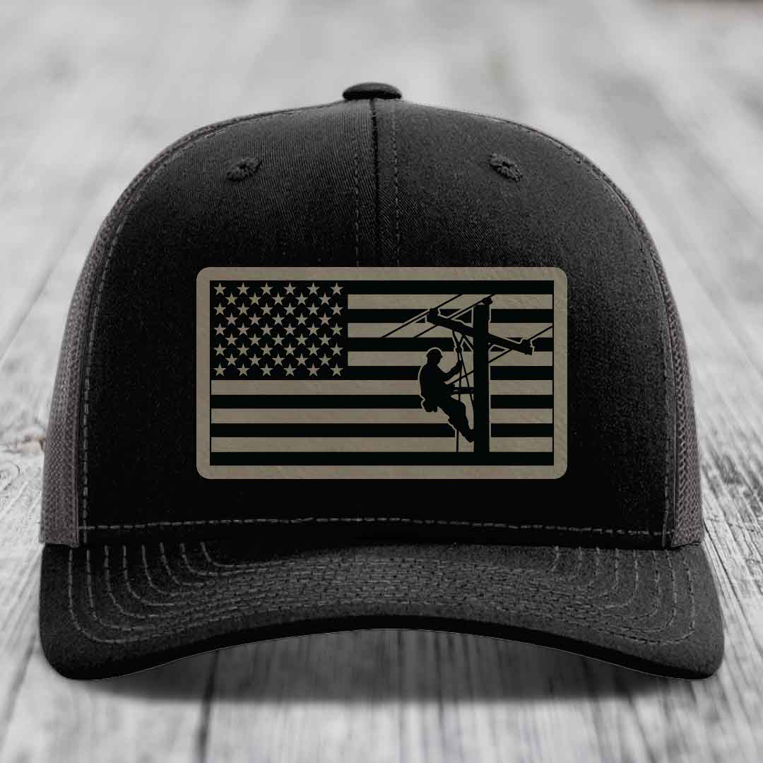 American Flag Lineman - Leather Patch Hat - Light Brown to Black Patch - Richardson 112 Snapback Trucker Hat